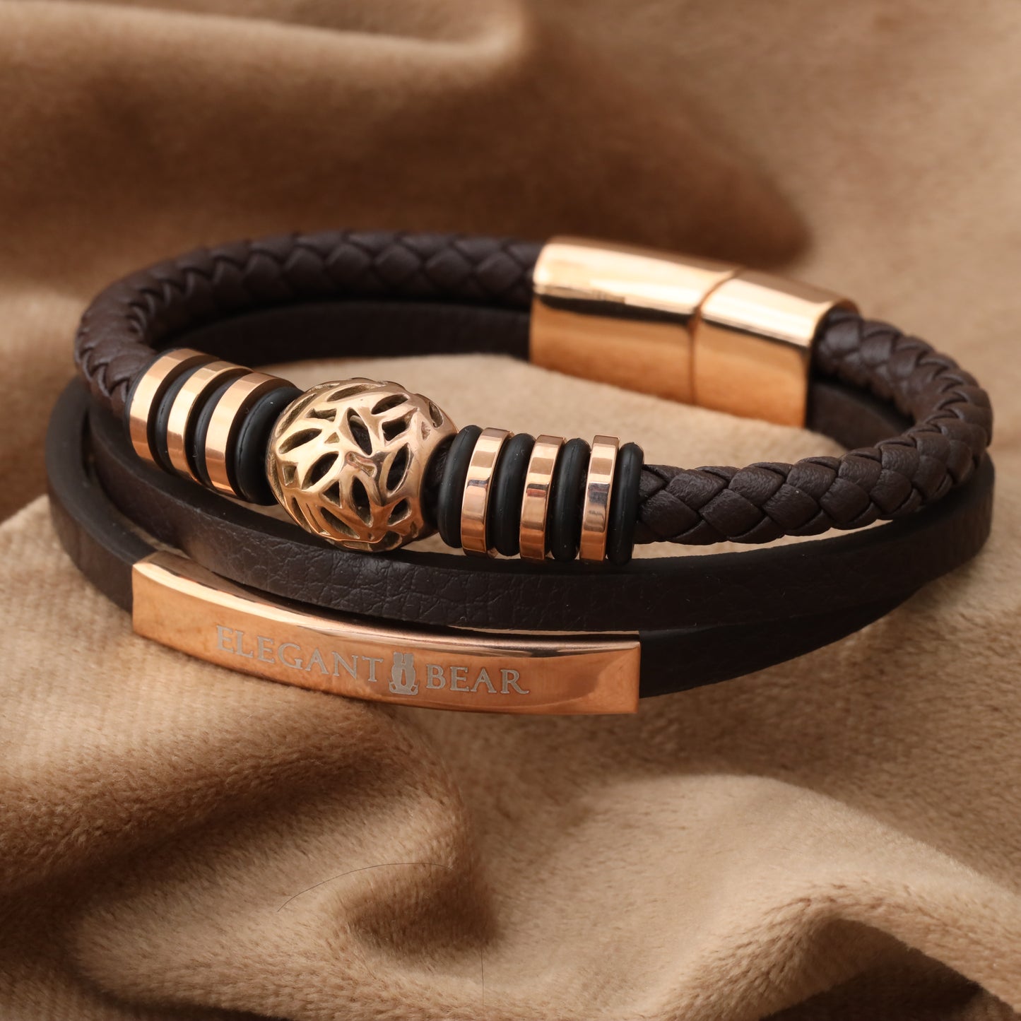 Autumn Ball Brown Genuine Leather Rose Gold Stainless Steel Bracelet L1267