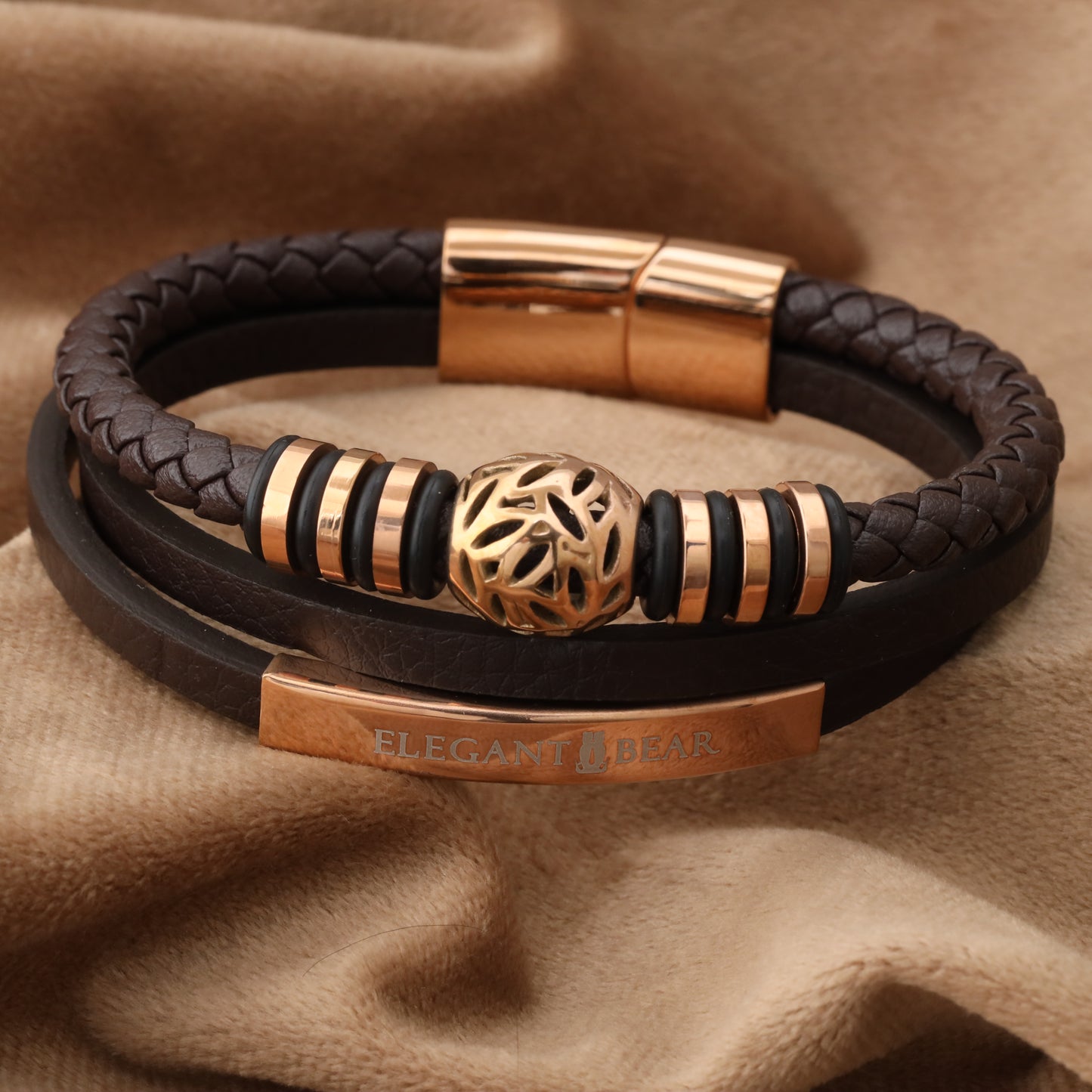 Autumn Ball Brown Genuine Leather Rose Gold Stainless Steel Bracelet L1267