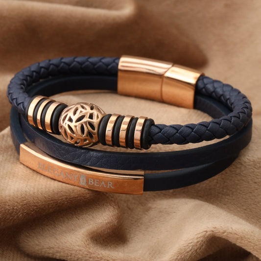 Autumn Ball Blue Genuine Leather Rose Gold Stainless Steel Bracelet L1266