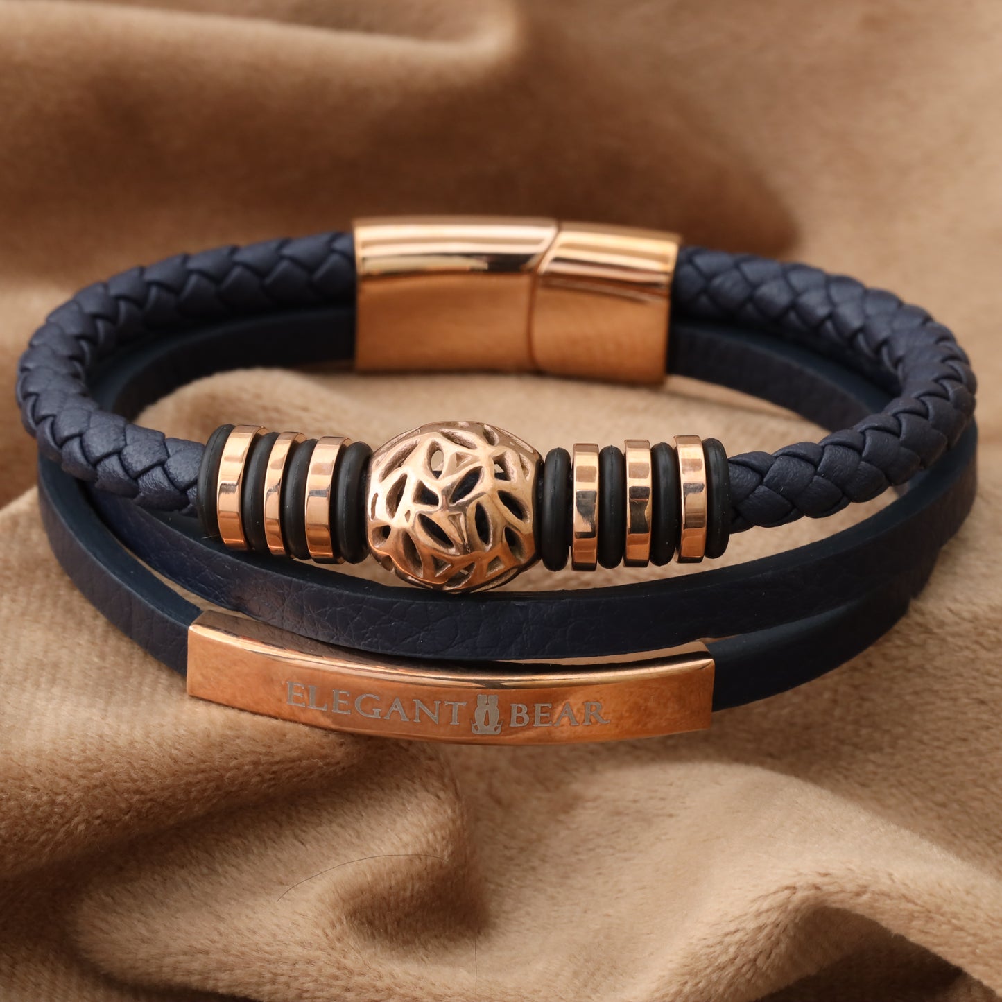Autumn Ball Blue Genuine Leather Rose Gold Stainless Steel Bracelet L1266