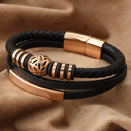Autumn Ball Black Genuine Leather Rose Gold Stainless Steel Bracelet L1268