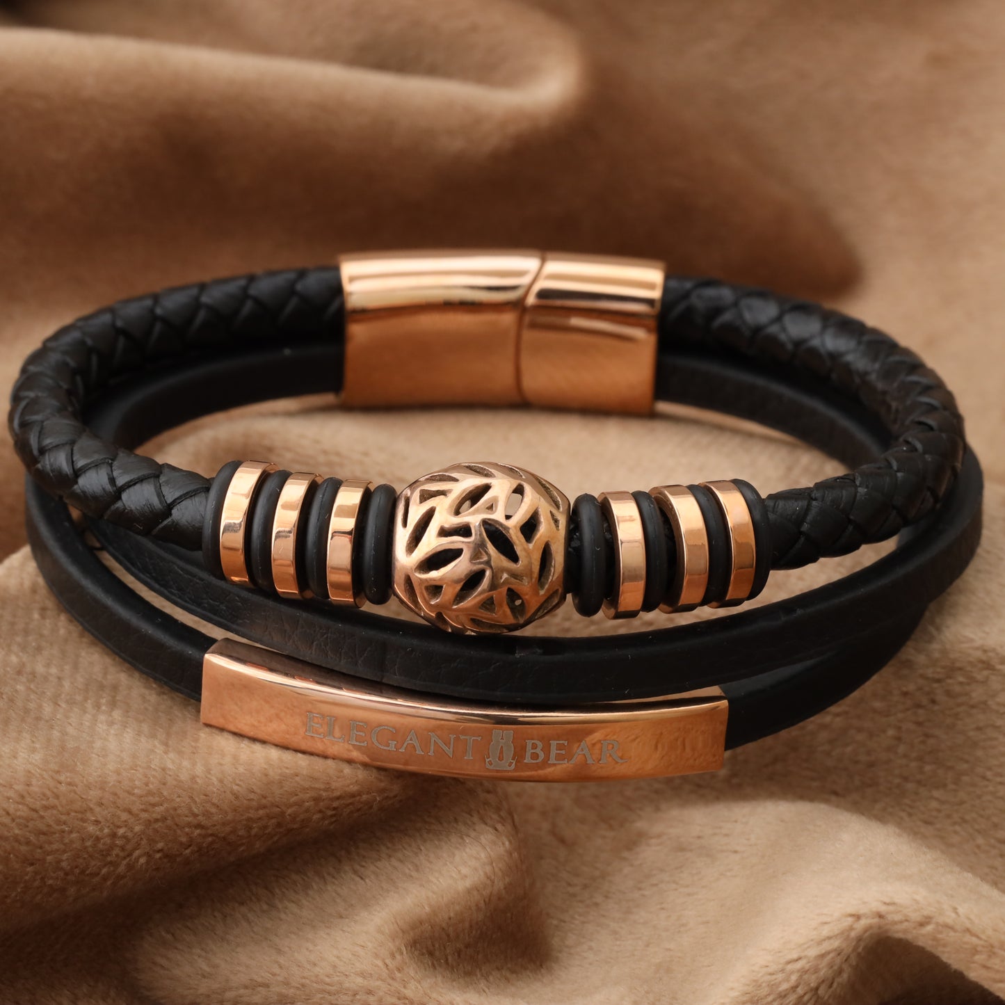 Autumn Ball Black Genuine Leather Rose Gold Stainless Steel Bracelet L1268
