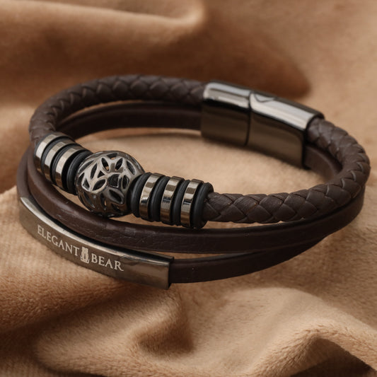 Autumn Ball Brown Genuine Leather Grey Stainless Steel Bracelet L1269