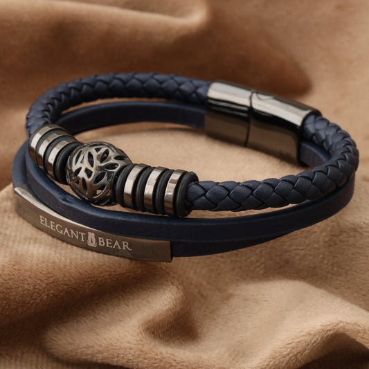 Autumn Ball Blue Genuine Leather Grey Stainless Steel Bracelet L1271