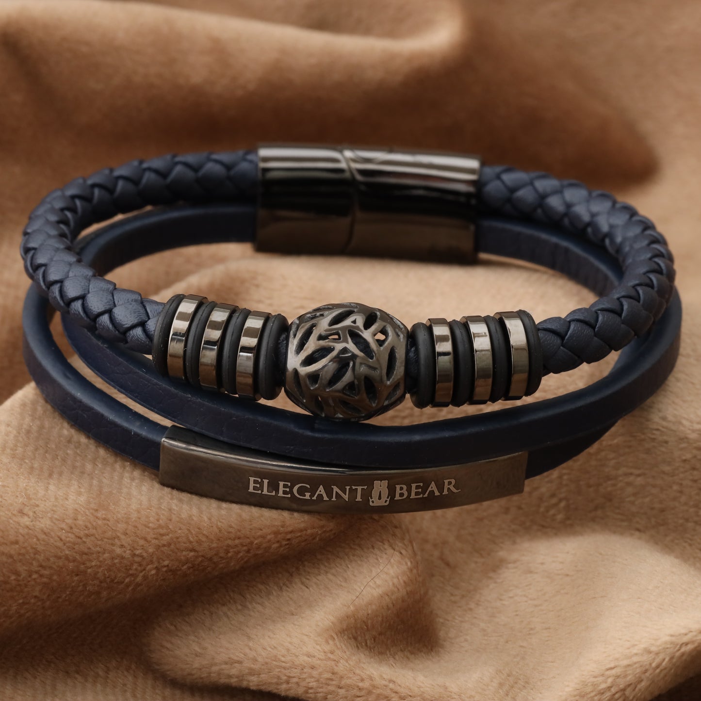 Autumn Ball Blue Genuine Leather Grey Stainless Steel Bracelet L1271