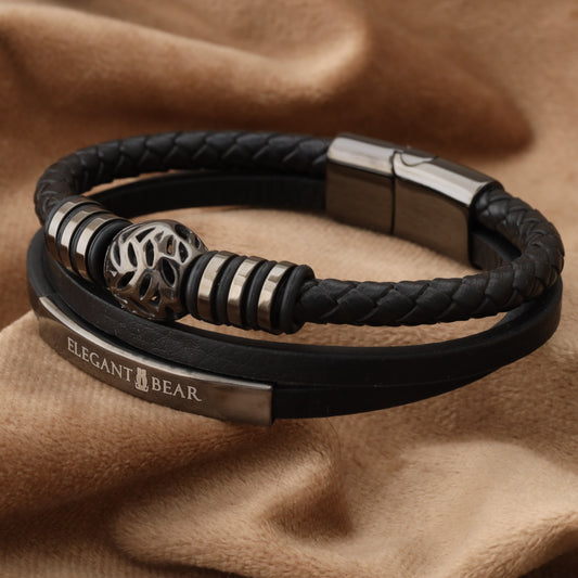 Autumn Ball Black Genuine Leather Grey Stainless Steel Bracelet L1270