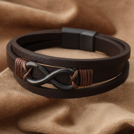 infinity Brown Genuine Leather Black Stainless Steel Bracelet L1202