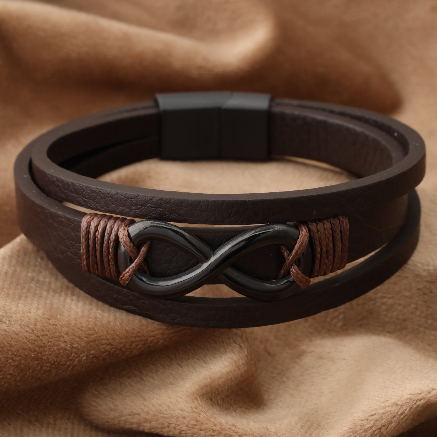 infinity Brown Genuine Leather Black Stainless Steel Bracelet L1202
