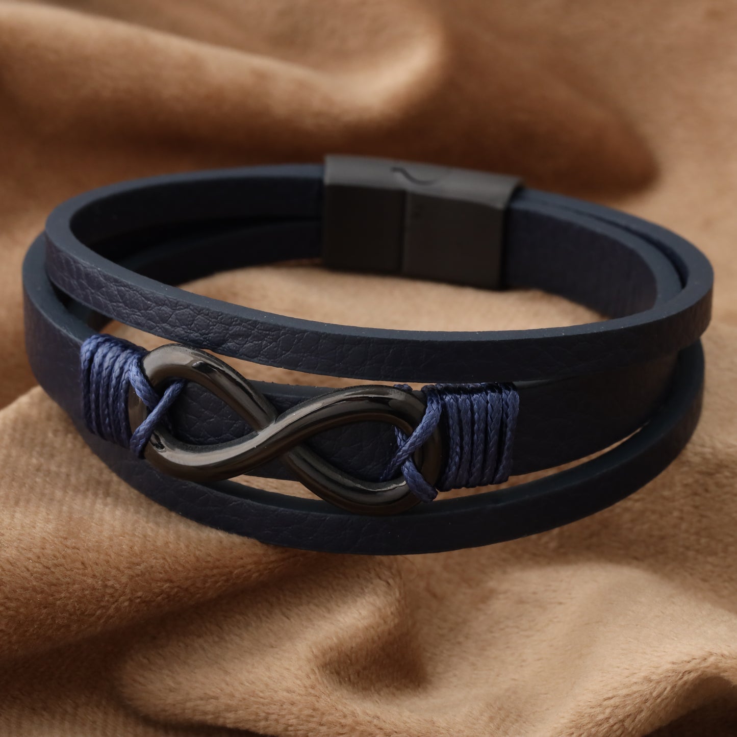 infinity Blue Genuine Leather Black Stainless Steel Bracelet L1200
