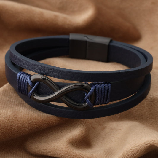 infinity Blue Genuine Leather Black Stainless Steel Bracelet L1200