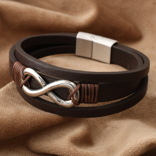 infinity Brown Genuine Leather Silver Stainless Steel Bracelet L1203