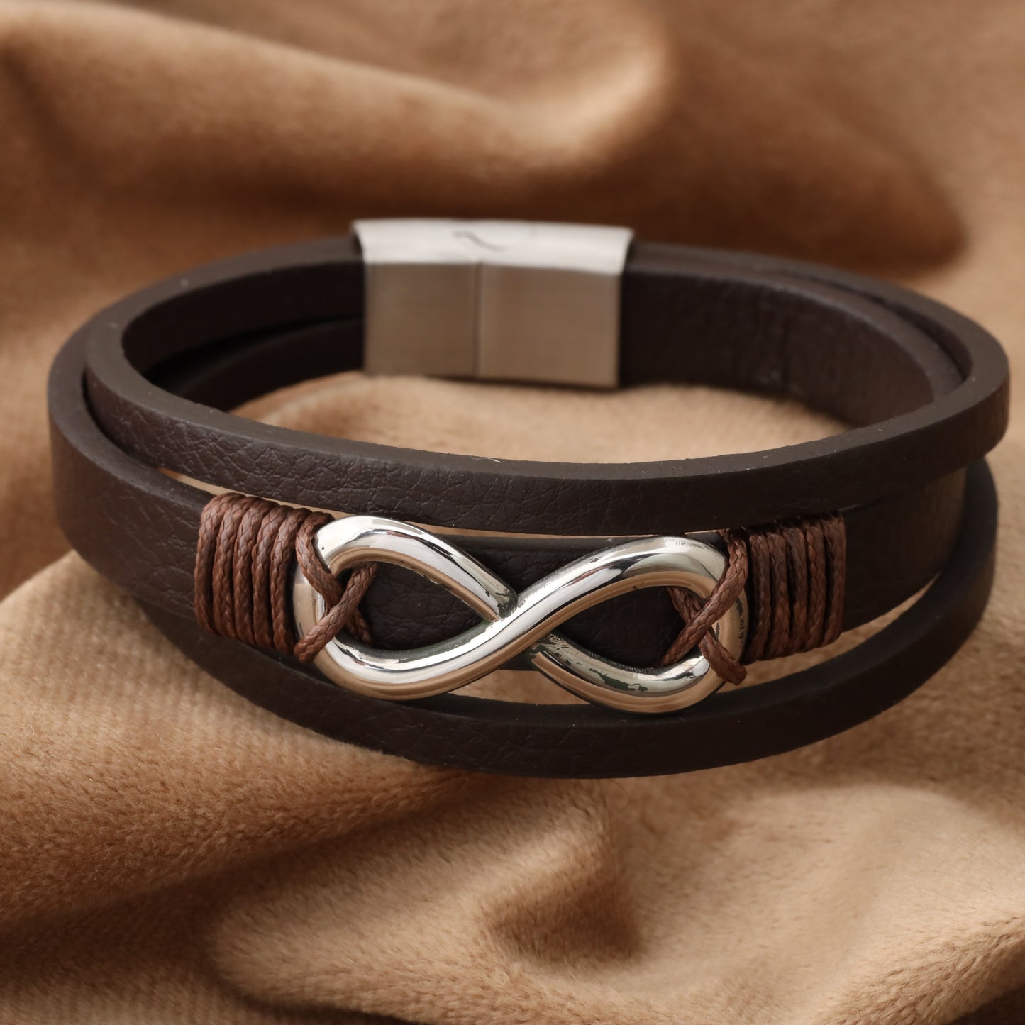infinity Brown Genuine Leather Silver Stainless Steel Bracelet L1203