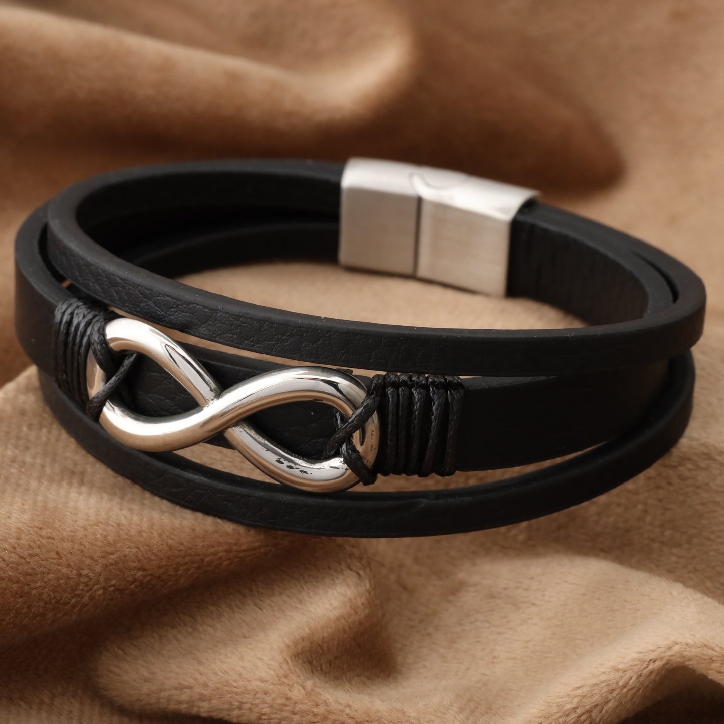 infinity Black Genuine Leather Silver Stainless Steel Bracelet L1205