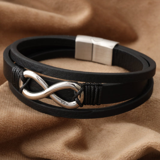 infinity Black Genuine Leather Silver Stainless Steel Bracelet L1205