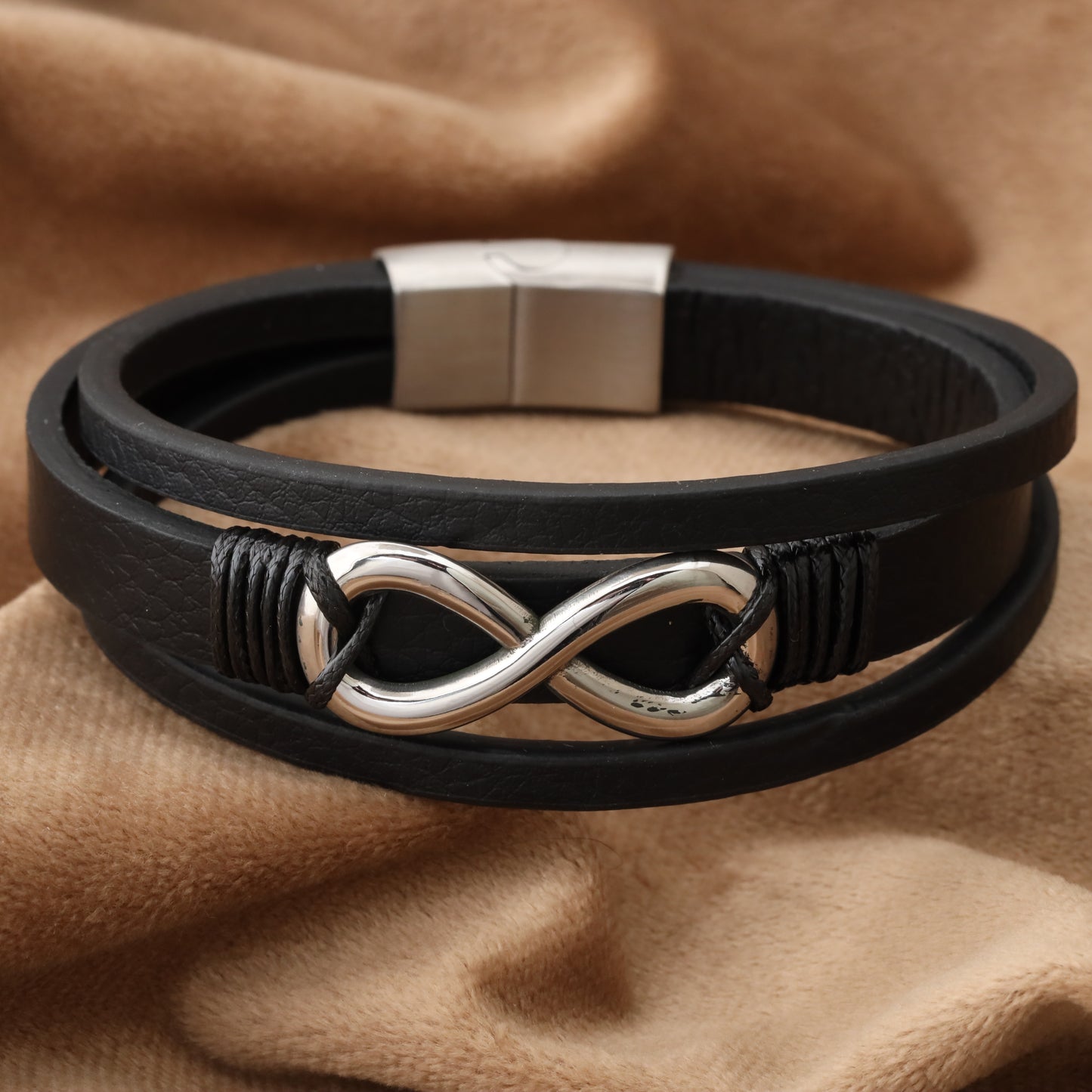 infinity Black Genuine Leather Silver Stainless Steel Bracelet L1205