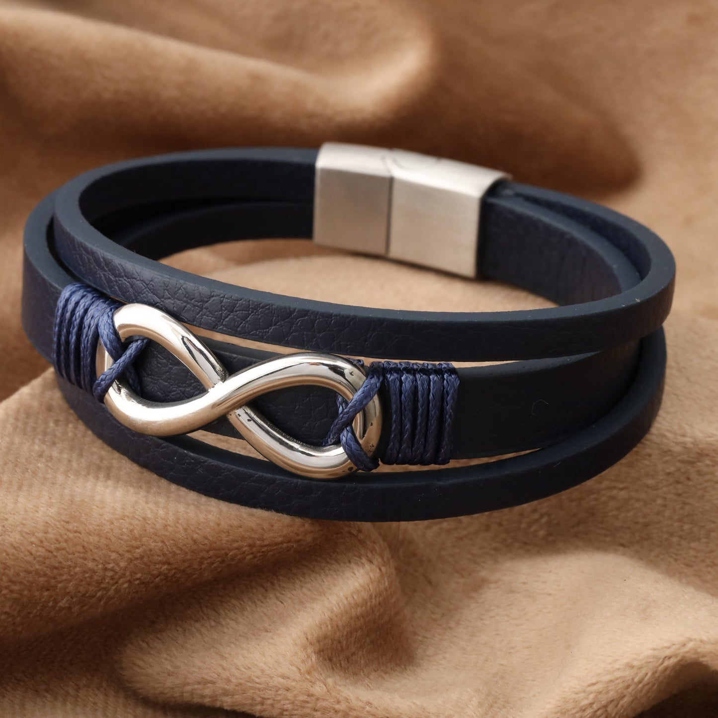 infinity Blue Genuine Leather Silver Stainless Steel Bracelet L1201