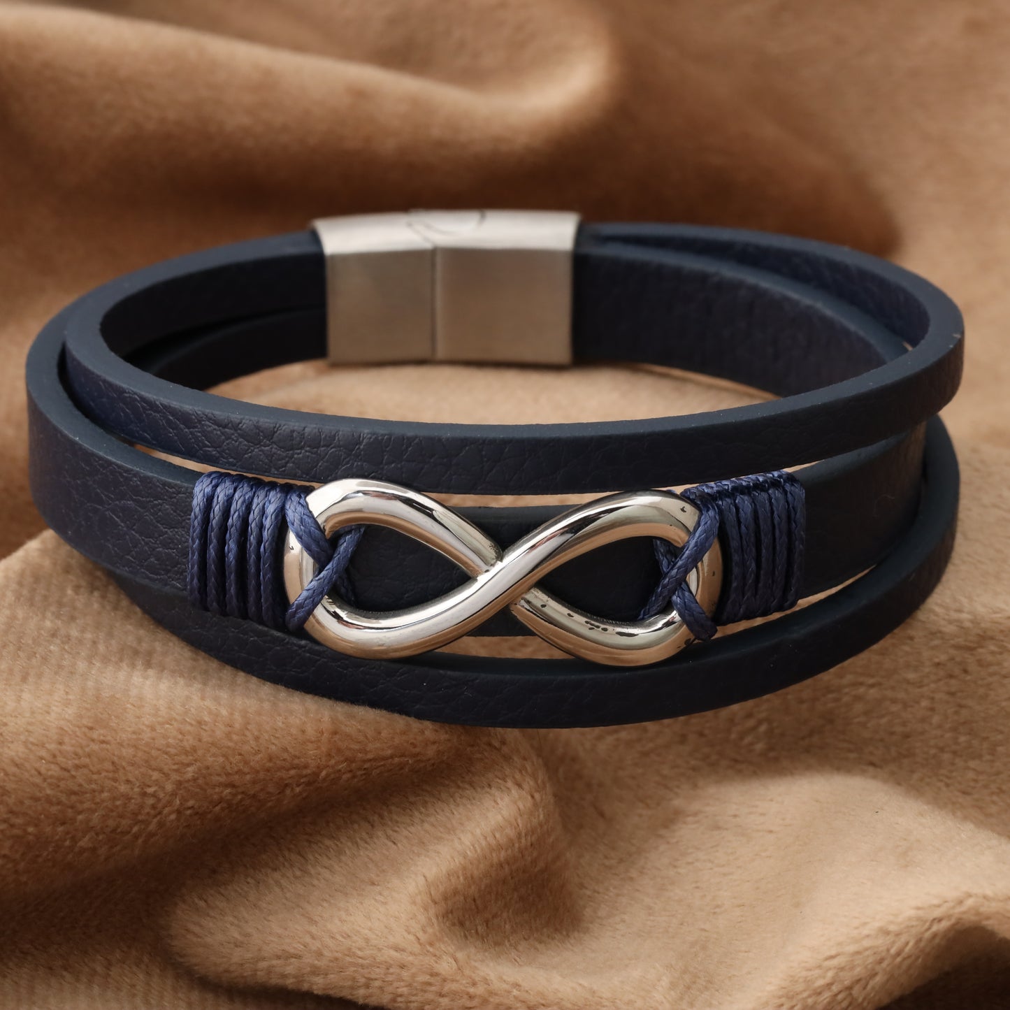 infinity Blue Genuine Leather Silver Stainless Steel Bracelet L1201