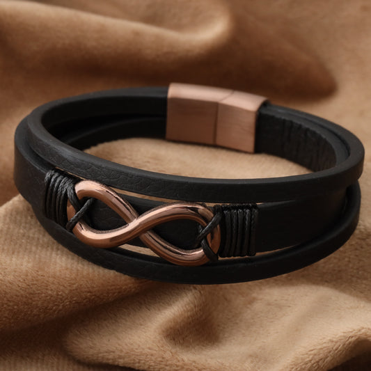 infinity Black Genuine Leather Brown Stainless Steel Bracelet L1240