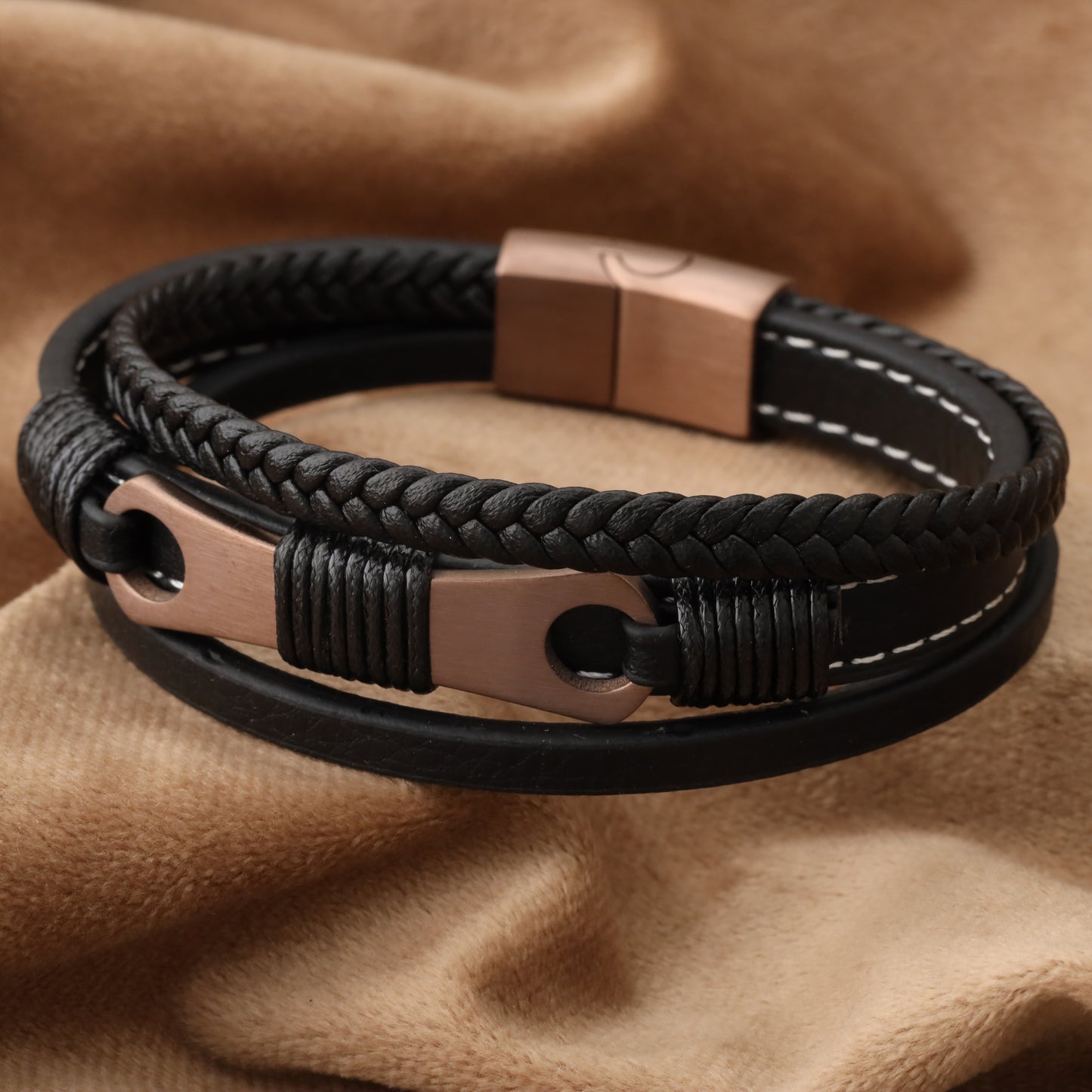 Mechanical Design Black Genuine Leather Brown Stainless Steel Bracelet L1238