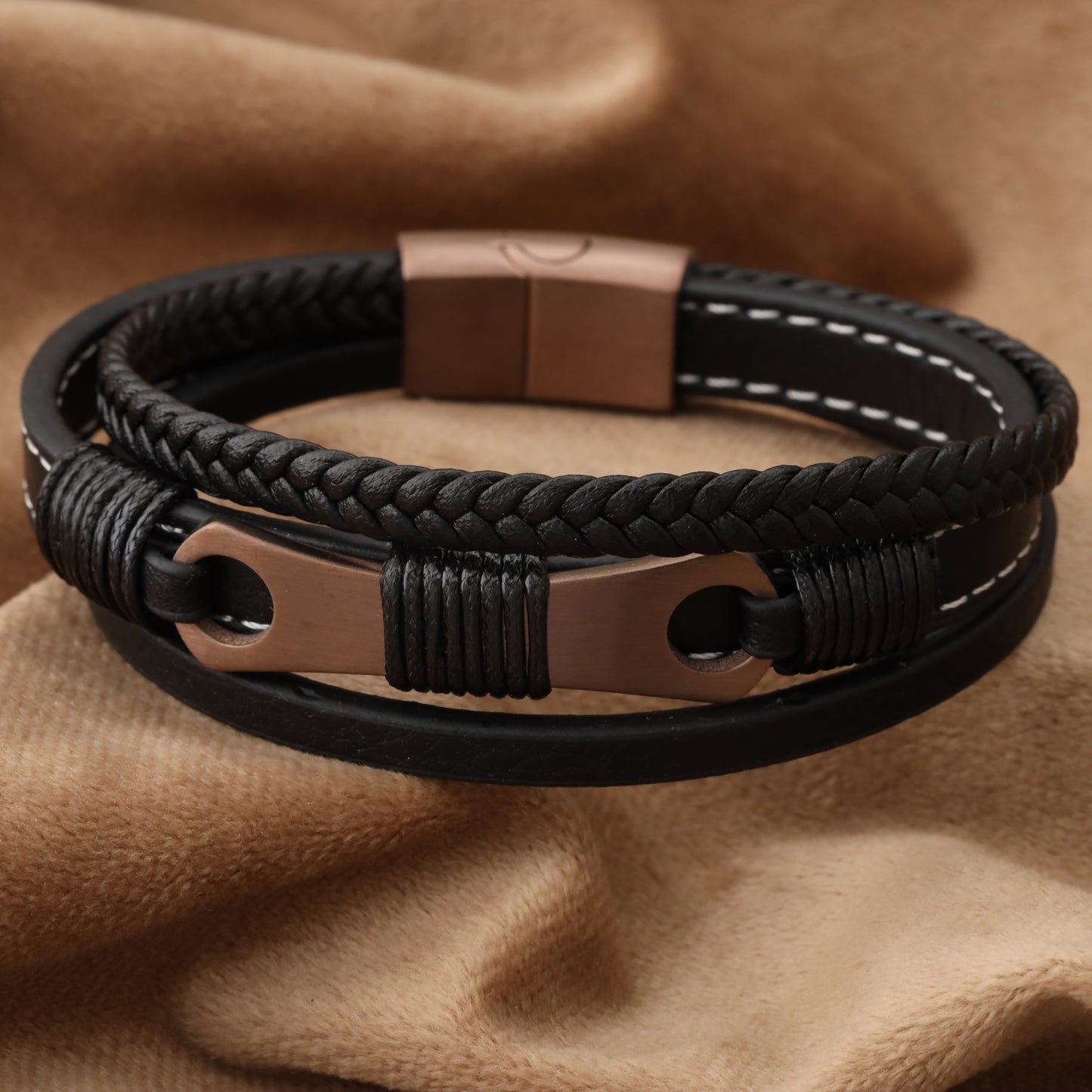 Mechanical Design Black Genuine Leather Brown Stainless Steel Bracelet L1238