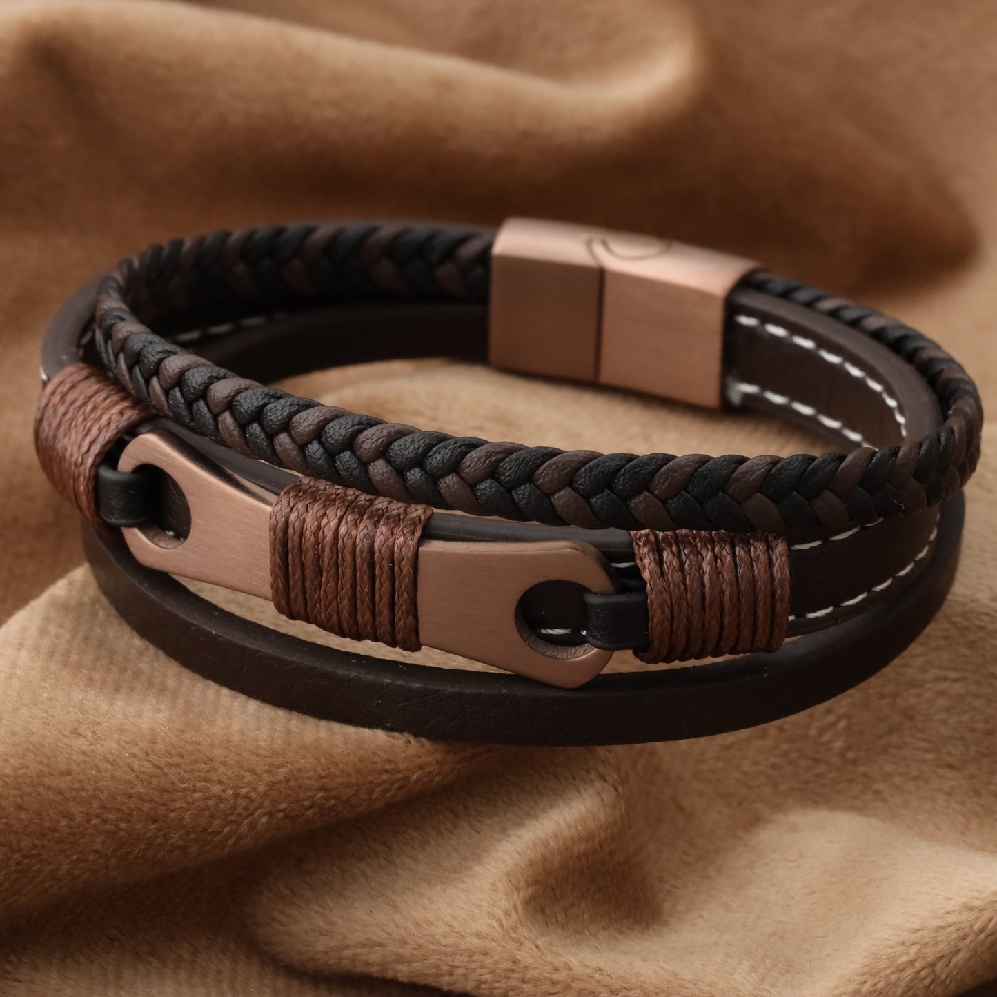 Mechanical Design Brown Genuine Leather Brown Stainless Steel Bracelet L1237