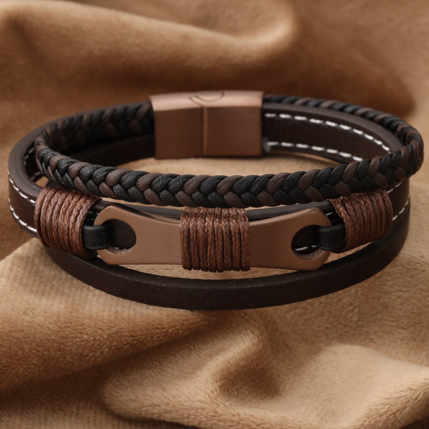 Mechanical Design Brown Genuine Leather Brown Stainless Steel Bracelet L1237