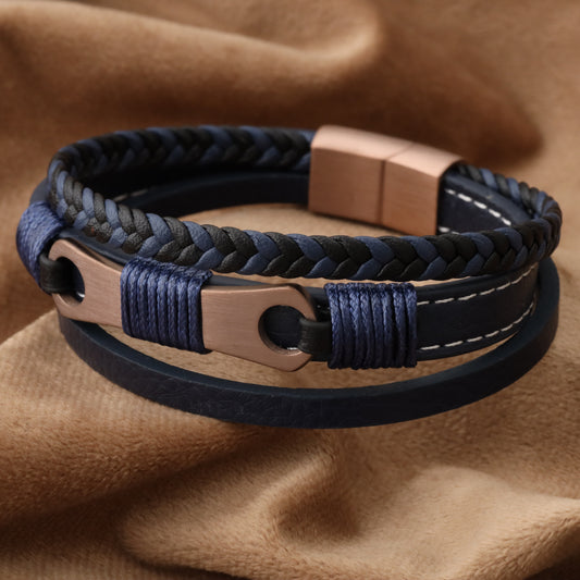 Mechanical Design Blue Genuine Leather Brown Stainless Steel Bracelet L1236