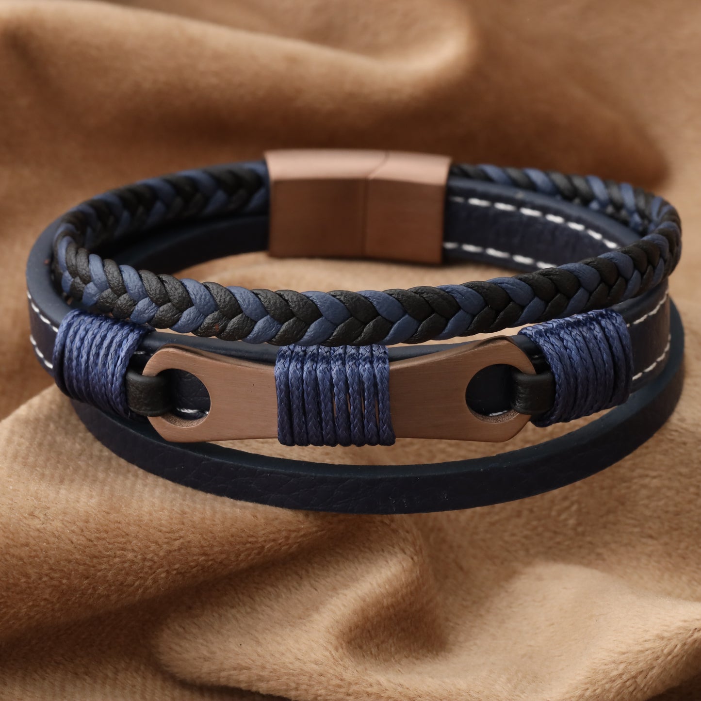 Mechanical Design Blue Genuine Leather Brown Stainless Steel Bracelet L1236