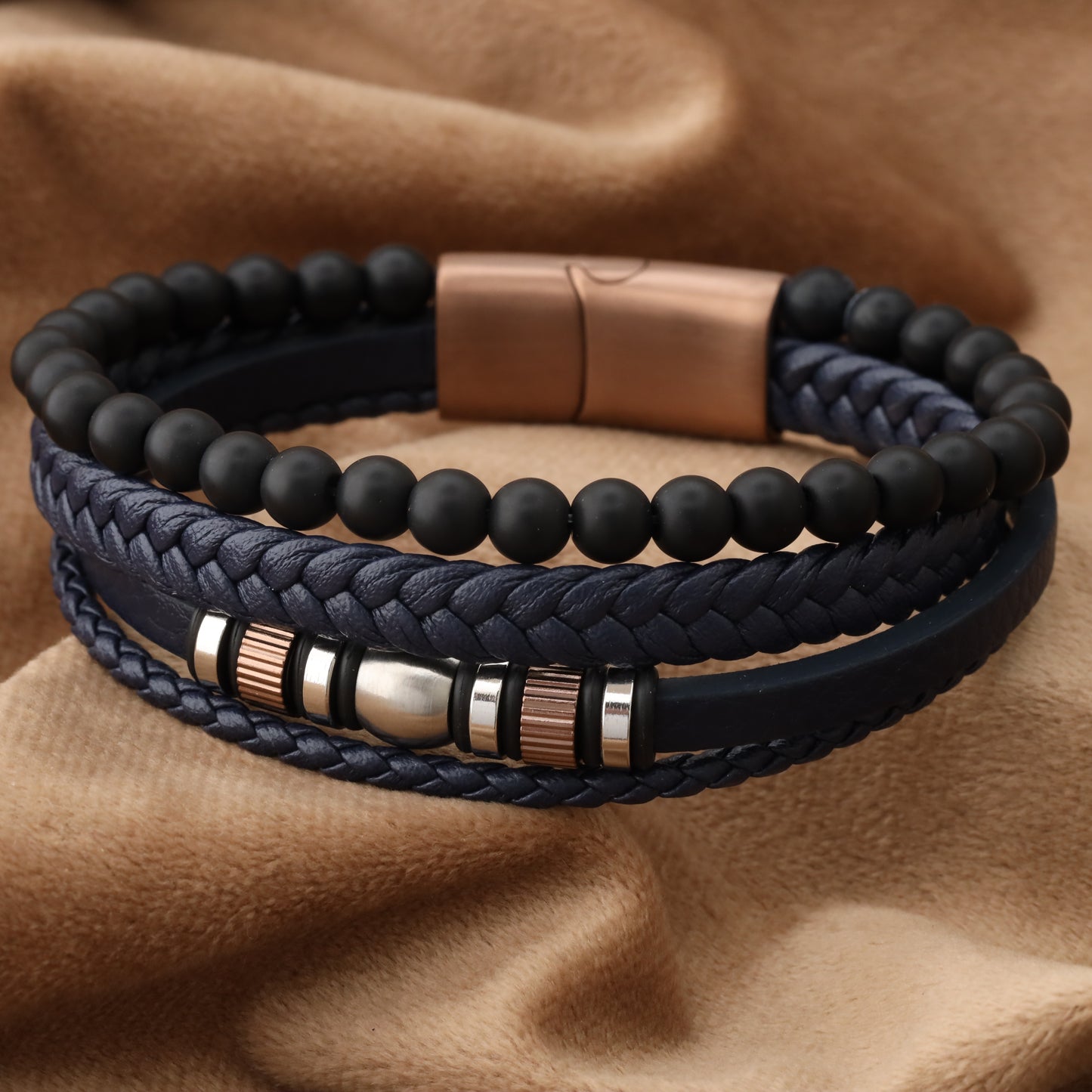Elegant Design Blue Genuine Leather Rose Gold Stainless Steel L1249