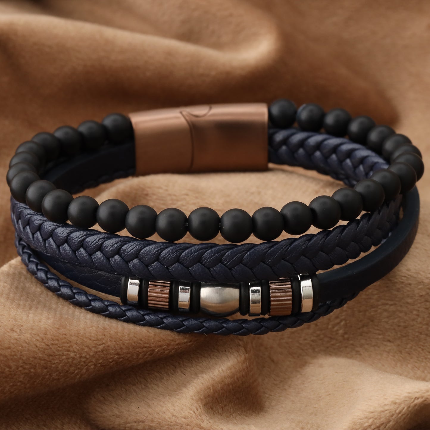 Elegant Design Blue Genuine Leather Rose Gold Stainless Steel L1249