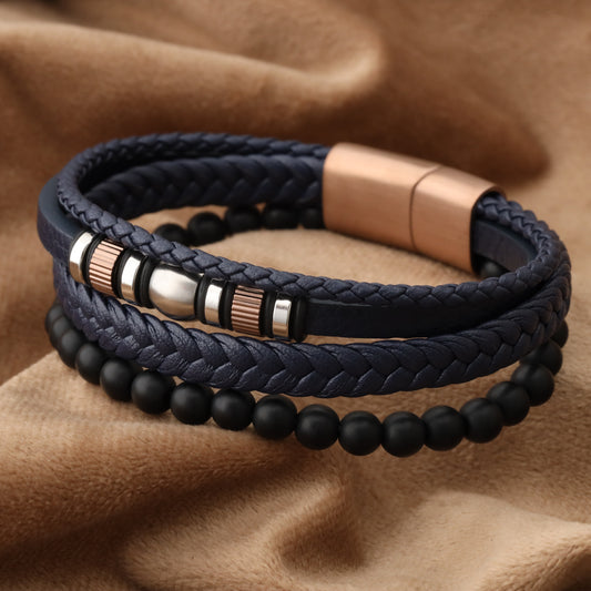 Elegant Design Blue Genuine Leather Rose Gold Stainless Steel L1249
