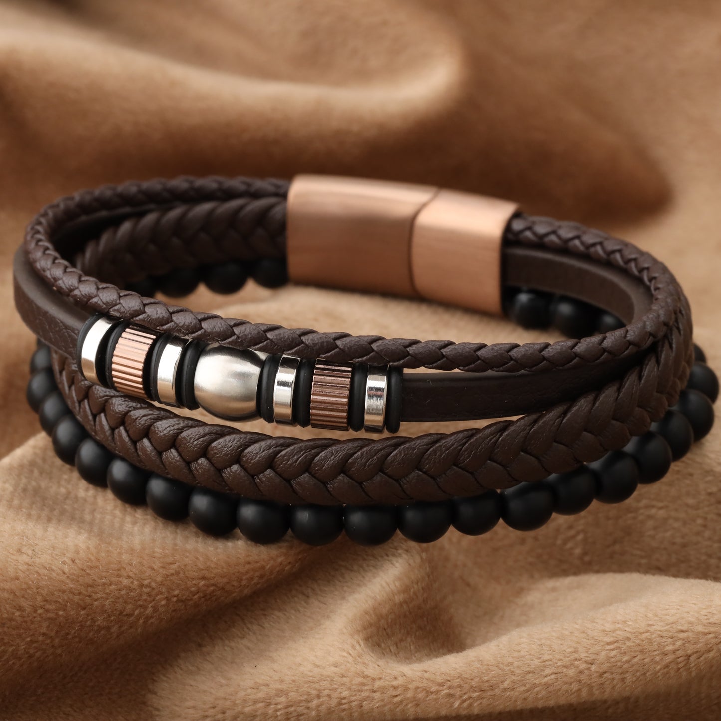 Elegant Design Brown Genuine Leather Rose Gold Stainless Steel  L1248