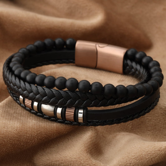 Elegant Design Black Genuine Leather Rose Gold Stainless Steel L1250