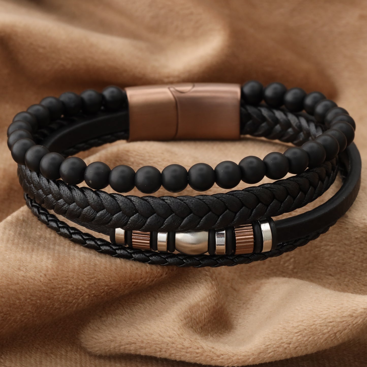 Elegant Design Black Genuine Leather Rose Gold Stainless Steel L1250