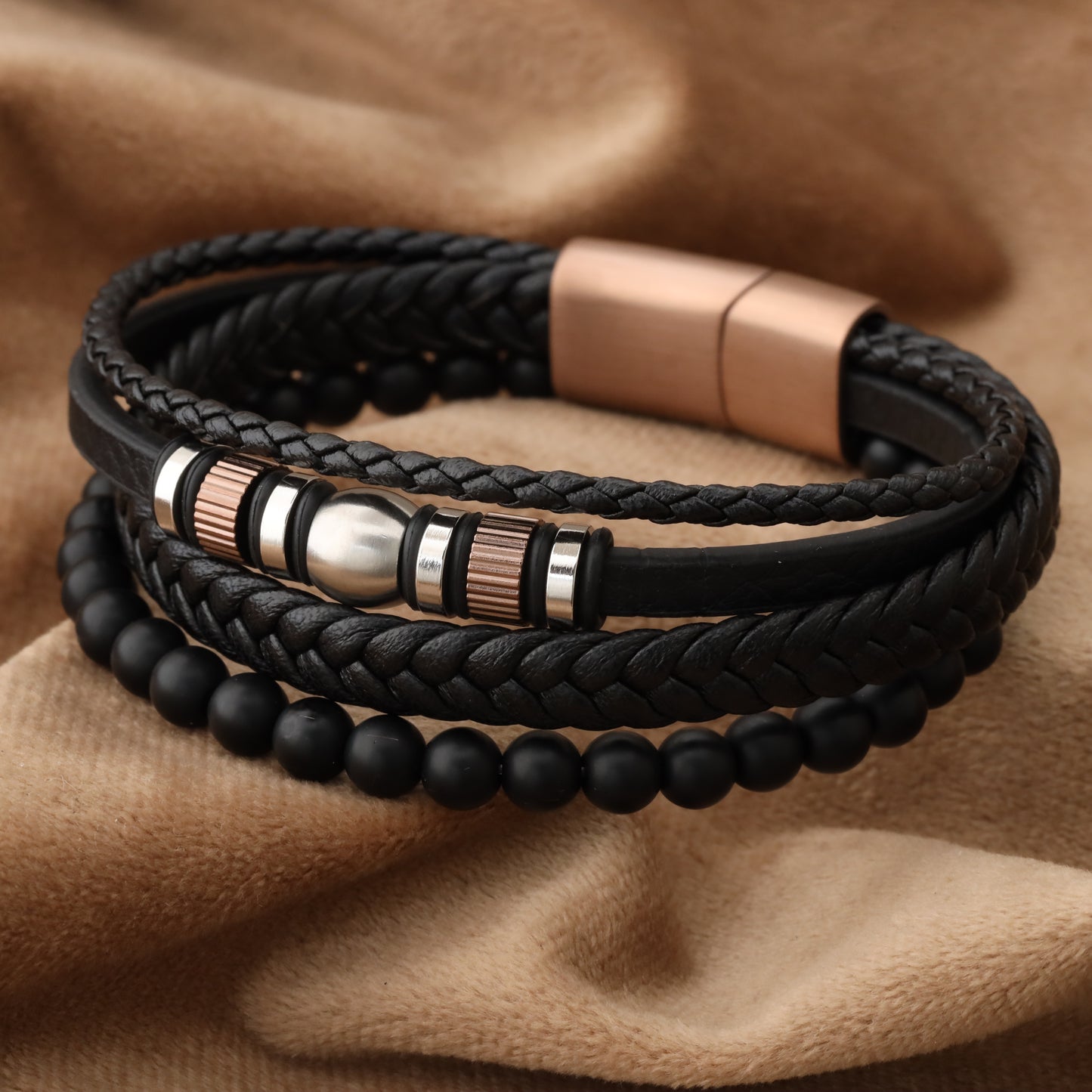 Elegant Design Black Genuine Leather Rose Gold Stainless Steel L1250