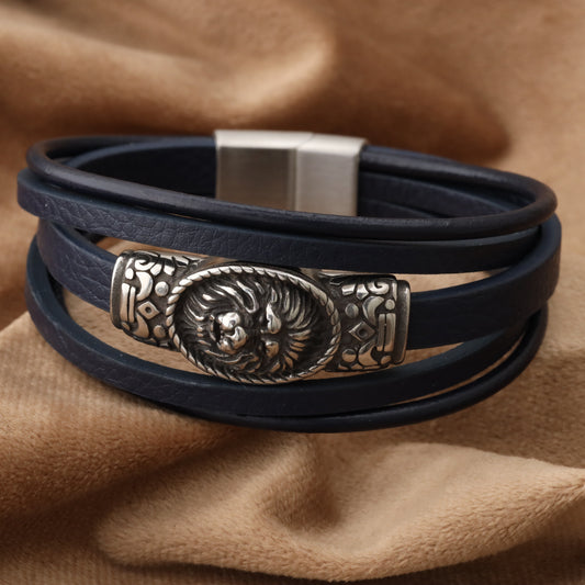 Lion Sealing Blue Genuine Leather Silver Stainless Steel Bracelet L1199
