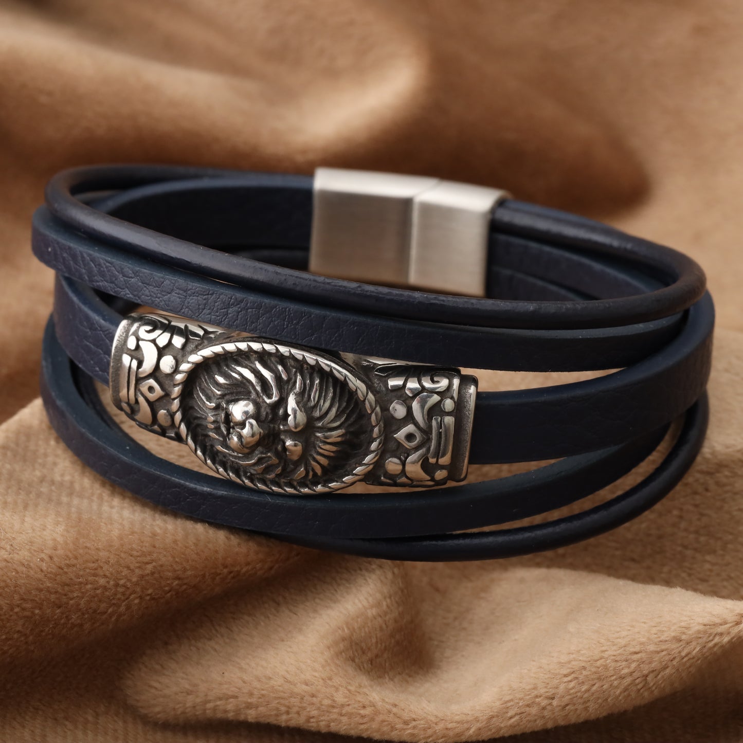 Lion Sealing Blue Genuine Leather Silver Stainless Steel Bracelet L1199