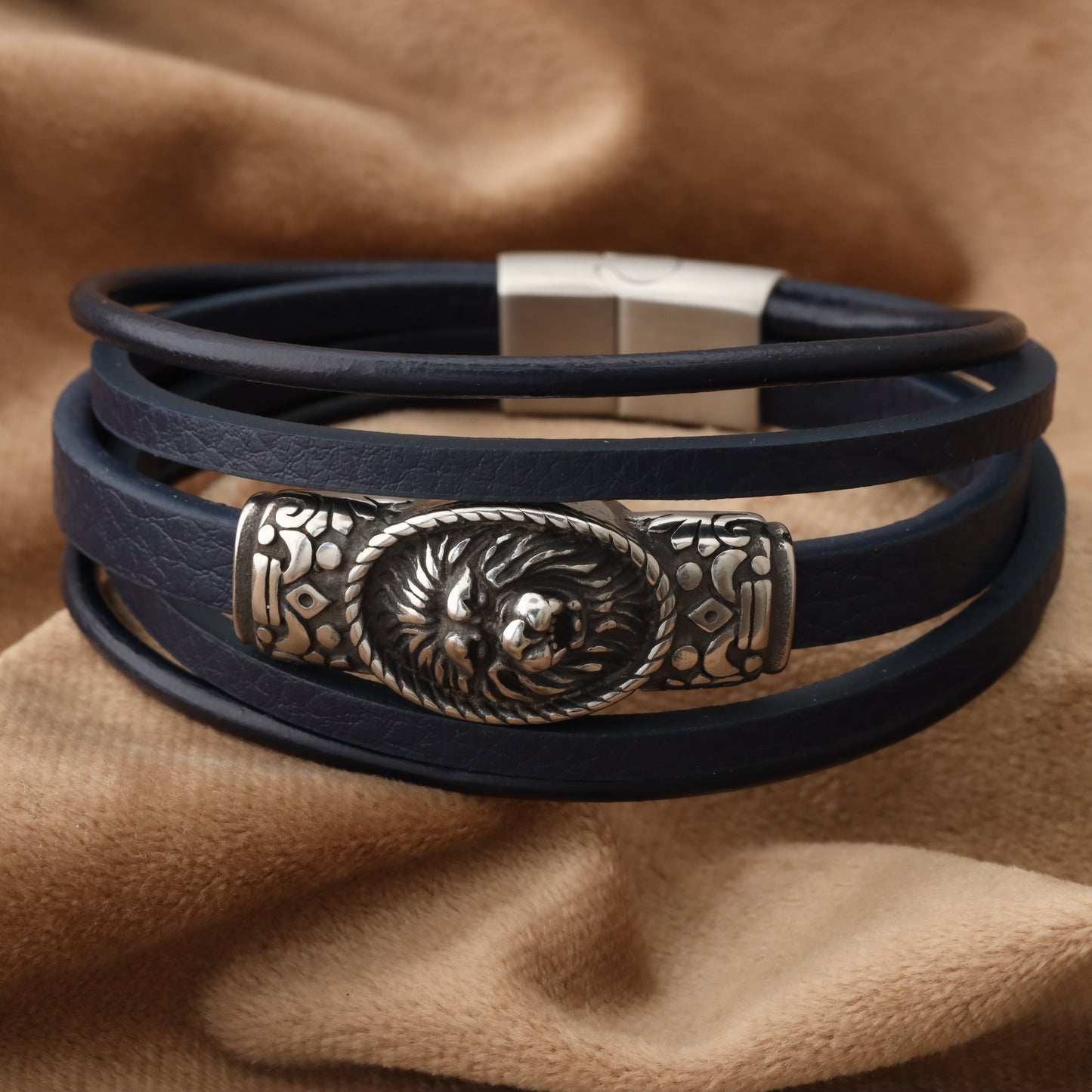 Lion Sealing Blue Genuine Leather Silver Stainless Steel Bracelet L1199