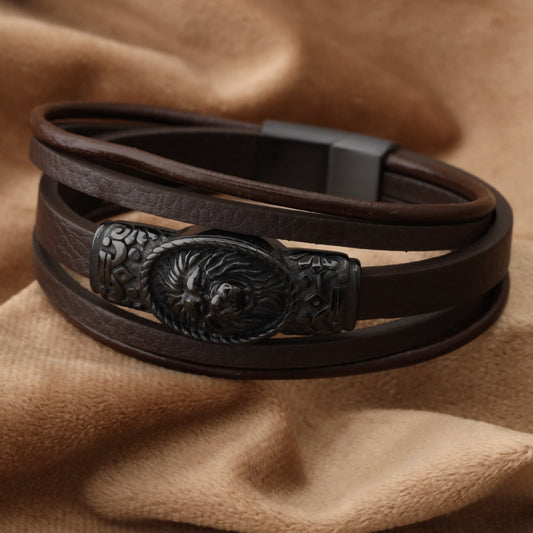 Lion Sealing Genuine Brown Leather Black Stainless Steel Bracelet  L1194