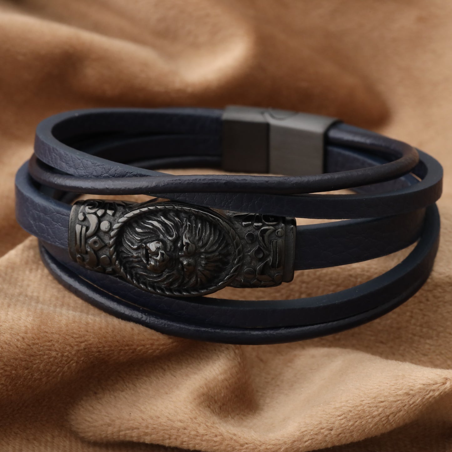 Lion Sealing Blue Genuine Leather Black Stainless Steel Bracelet L1198