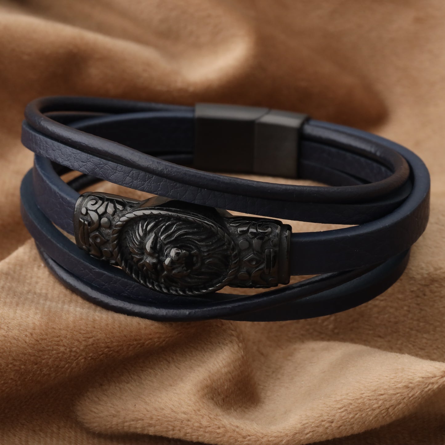 Lion Sealing Blue Genuine Leather Black Stainless Steel Bracelet L1198