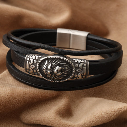 Lion Sealing Black Genuine Leather Silver Stainless Steel Bracelet L1197