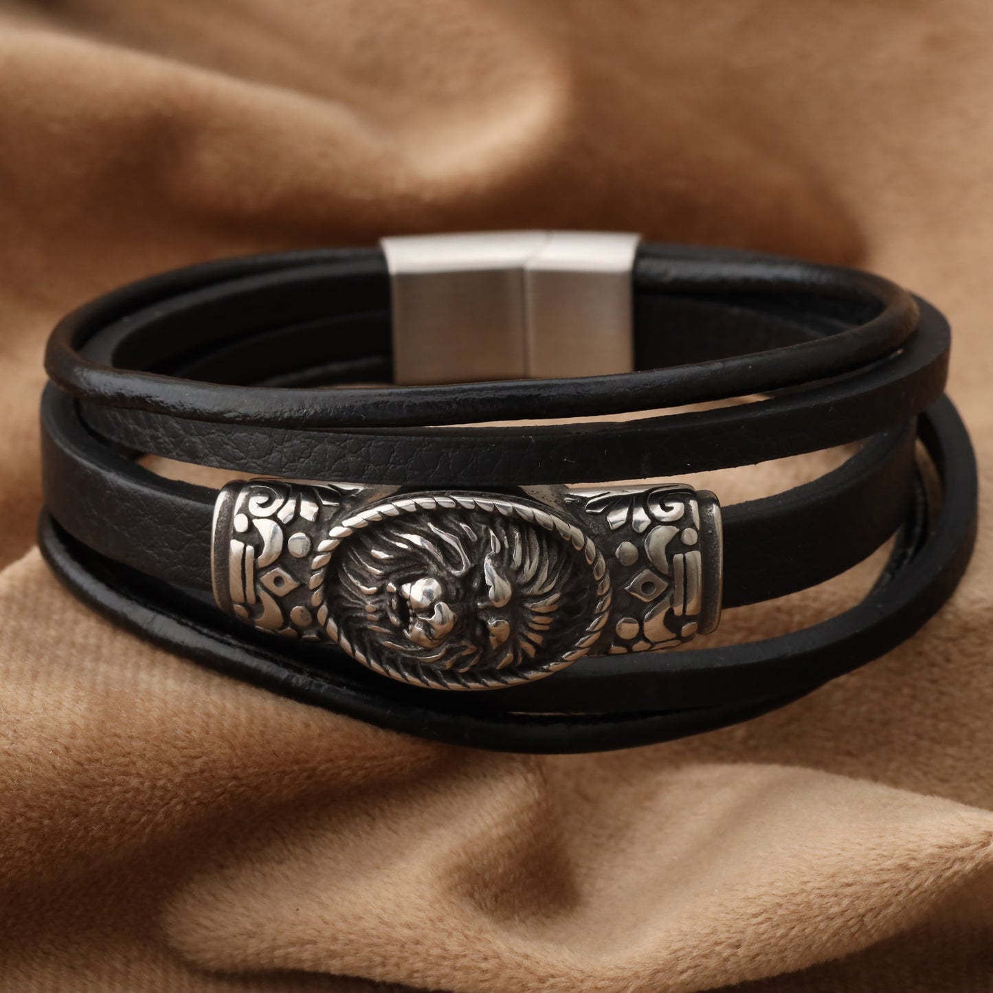 Lion Sealing Black Genuine Leather Silver Stainless Steel Bracelet L1197