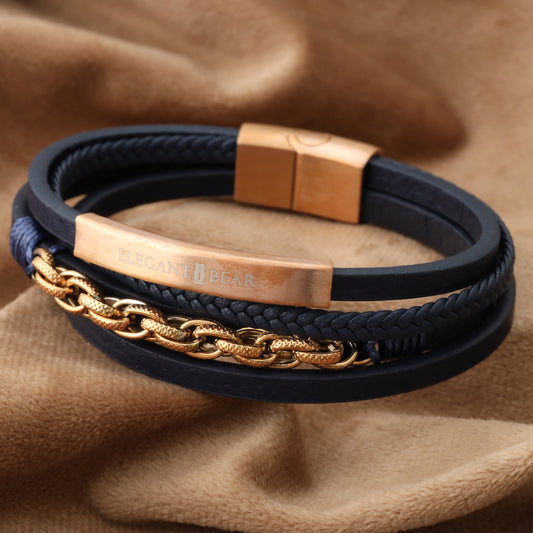 Chain Classic Blue Genuine Leather Rose Gold Stainless Steel Bracelet L1147