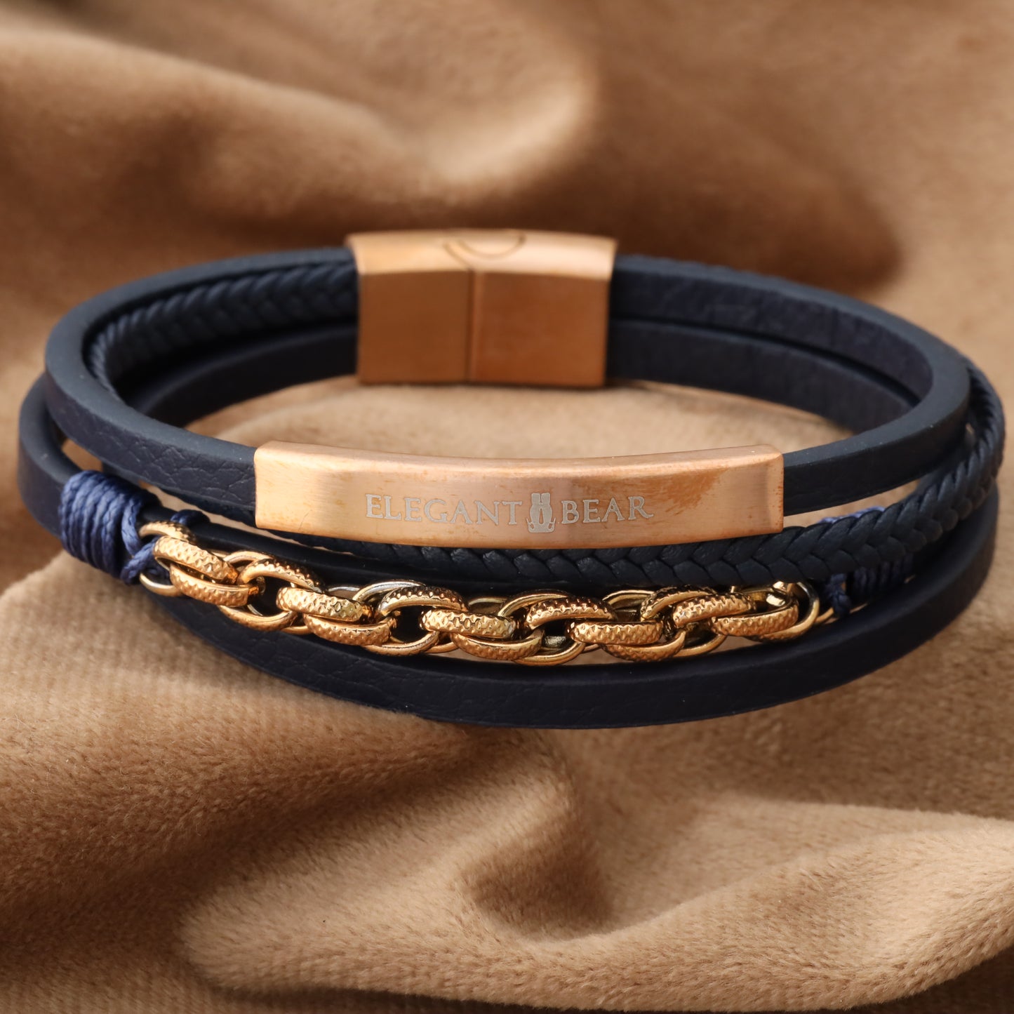 Chain Classic Blue Genuine Leather Rose Gold Stainless Steel Bracelet L1147