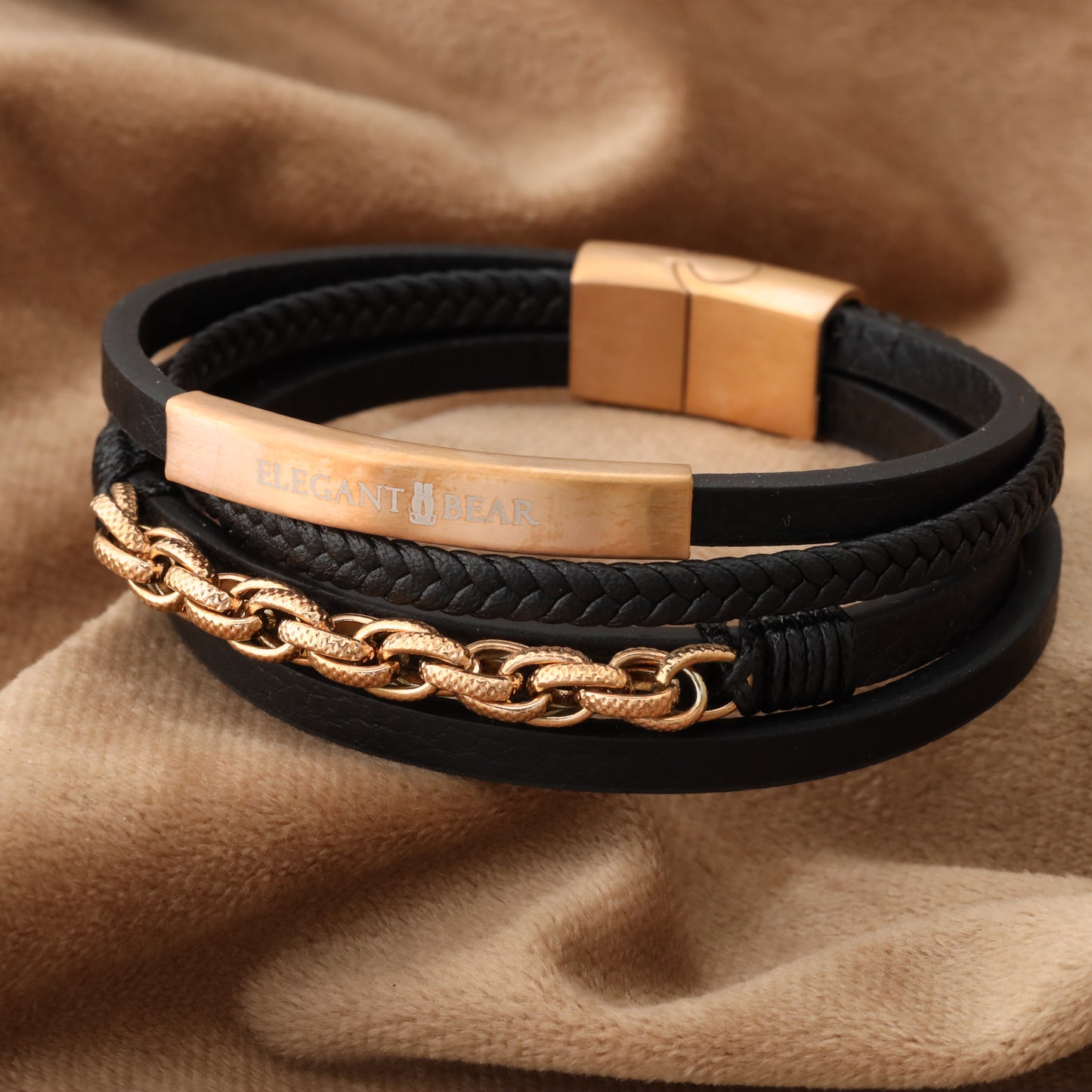Chain Classic Black Genuine Leather Rose Gold Stainless Steel Bracelet L1146