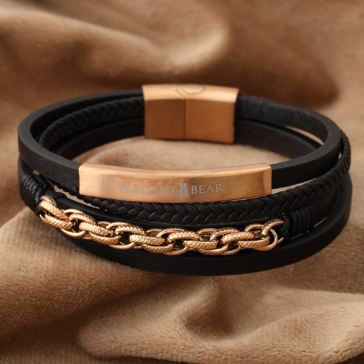 Chain Classic Black Genuine Leather Rose Gold Stainless Steel Bracelet L1146