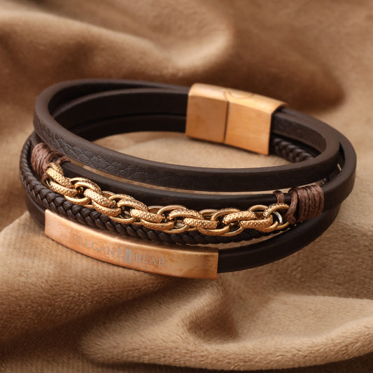 Chain Classic Brown Genuine Leather Rose Gold Stainless Steel Bracelet L1148