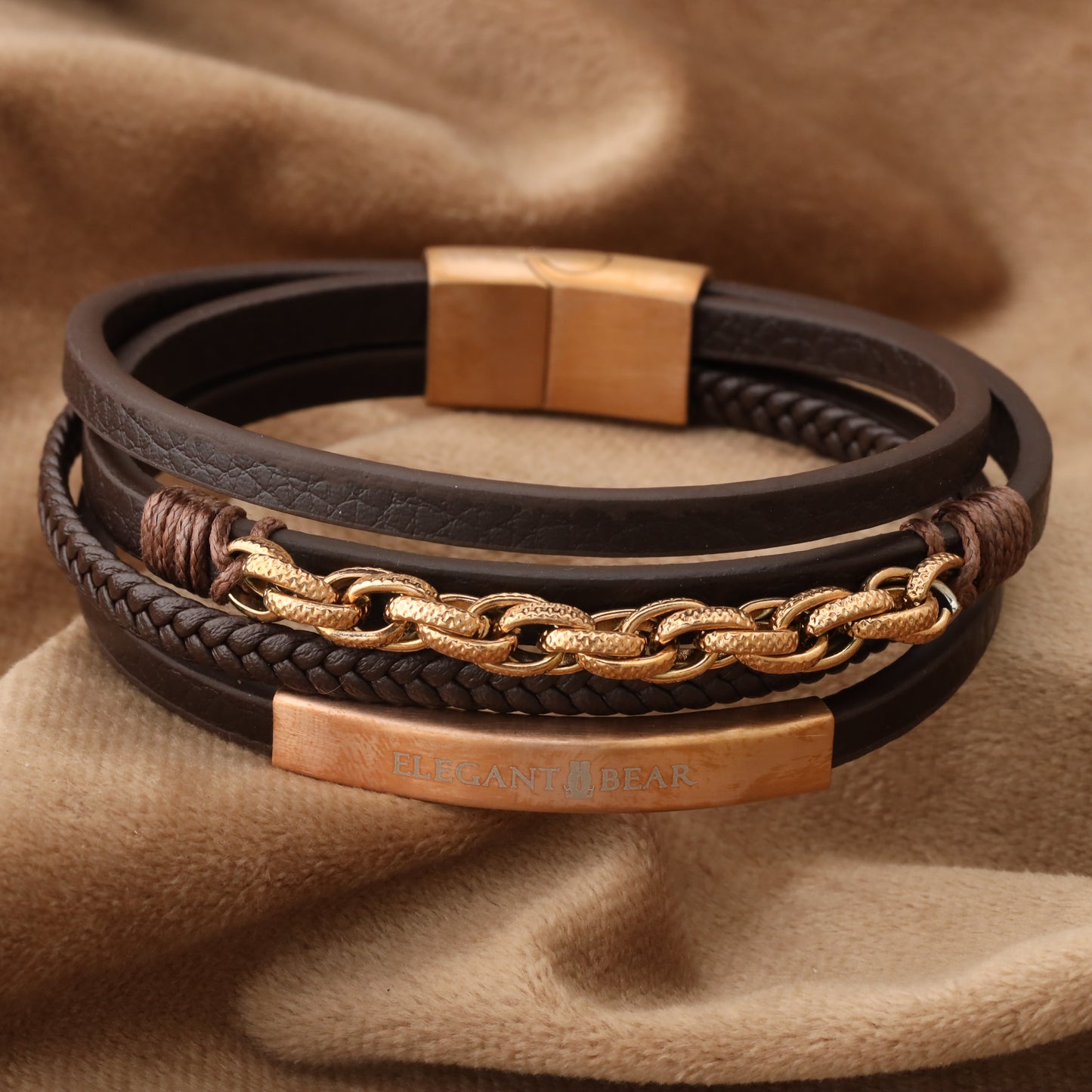 Chain Classic Brown Genuine Leather Rose Gold Stainless Steel Bracelet L1148