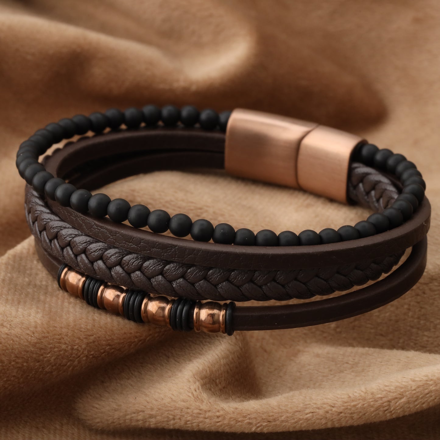 Chic Design Brown Genuine Leather Rose Gold Stainless Steel Bracelet L1243